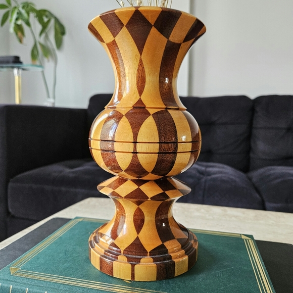 Vintage Segmented Multi Wood Mosaic Hand Turned Vase Two Tone Mid Century Modern - Picture 3 of 8